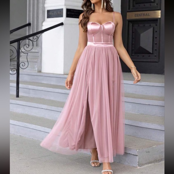 Luxe mesh satin party formal dress - Picture 2 of 7